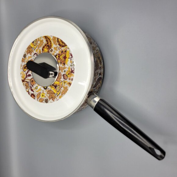 Vintage MCM Prestige Japy Marne Enamel Paisley Floral Sauce Pan w Lid France - Picture 15 of 16